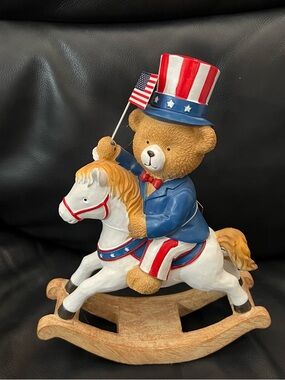 Stars & Stripes Patriotic Teddy Bear on Rocking Horse